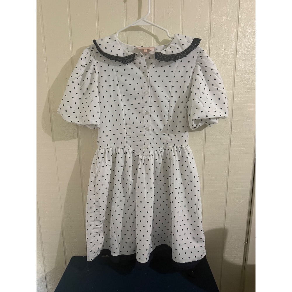 Us Together Polka Dot Peter Pan Collar Mini Dress White Navy Blue Puff Sleeve M